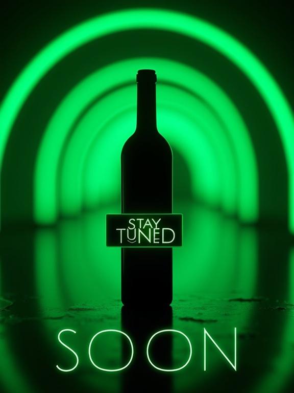 Teaser poster for upcoming product launch featuring dark silhouette of wine bottle centered. Background has glowing neon green arches creating tunnel effect over dark surface. Below bottle, large text says COMING SOON with STAY TUNED banner. Dramatic lighting and sleek atmosphere emphasize anticipation. Color scheme includes green and black with white text. Excludes brand logos.