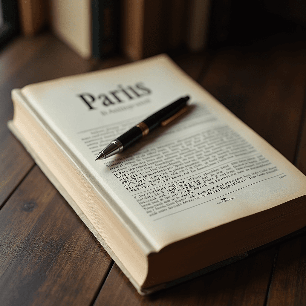 An open book titled 'Paris' with a pen resting on its pages, set on a wooden table.