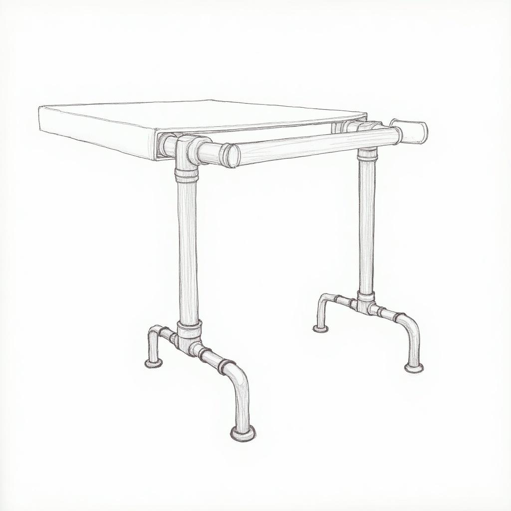 Sketch showcasing a front view of a table with rod support. The design features a rectangular tabletop supported by pipes acting as legs. The illustration focuses on the structural aspects of the rods and connections.