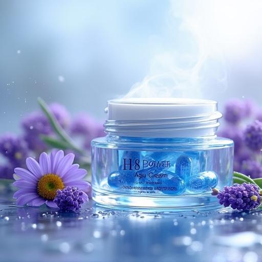 Close-up of a luxurious glass jar containing aqua face cream with blue serum capsules. The jar is set on a wet glossy surface with droplets. Surrounding elements include fresh lavender, chamomile flowers, sage leaves, and molecular structures of hyaluronic acid. Soft steam is visible in the background. The lighting is bright and clean, showcasing high detail and sharp textures.