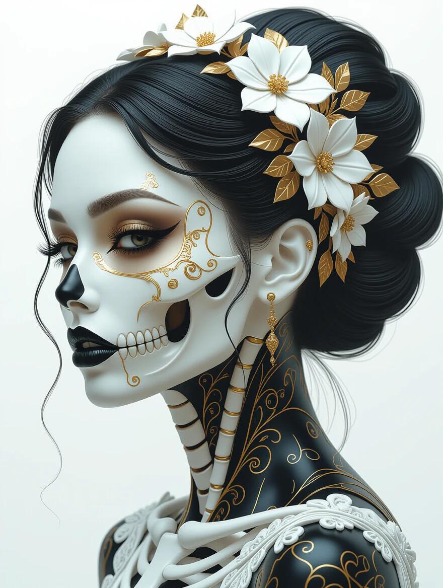 Elegant woman with floral hair accessories. Features a skeleton design on skin. Style blends cyberpunk and traditional themes. Uses a dark white and light gold color scheme. Highly detailed and intricate design elements present.
