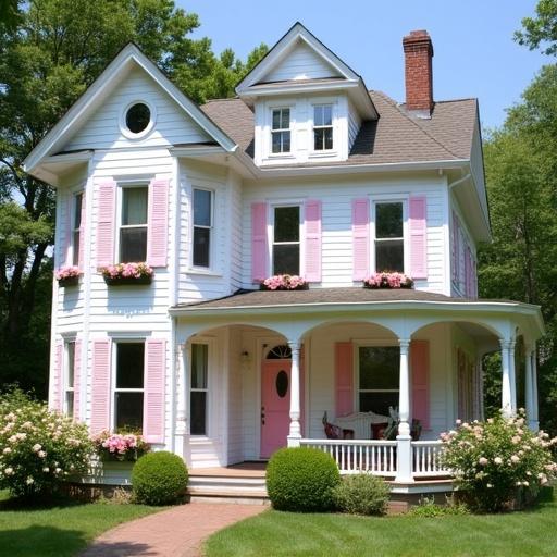 Beautiful white Queen Anne house with light pink shutters and flower boxes with light pink roses. Light pink door with oval window and light pink rose bushes. White cherub fountain and light pink hydrangea bushes. Wrap around porch with pink porch swing. Bright sunny day with no shadows.