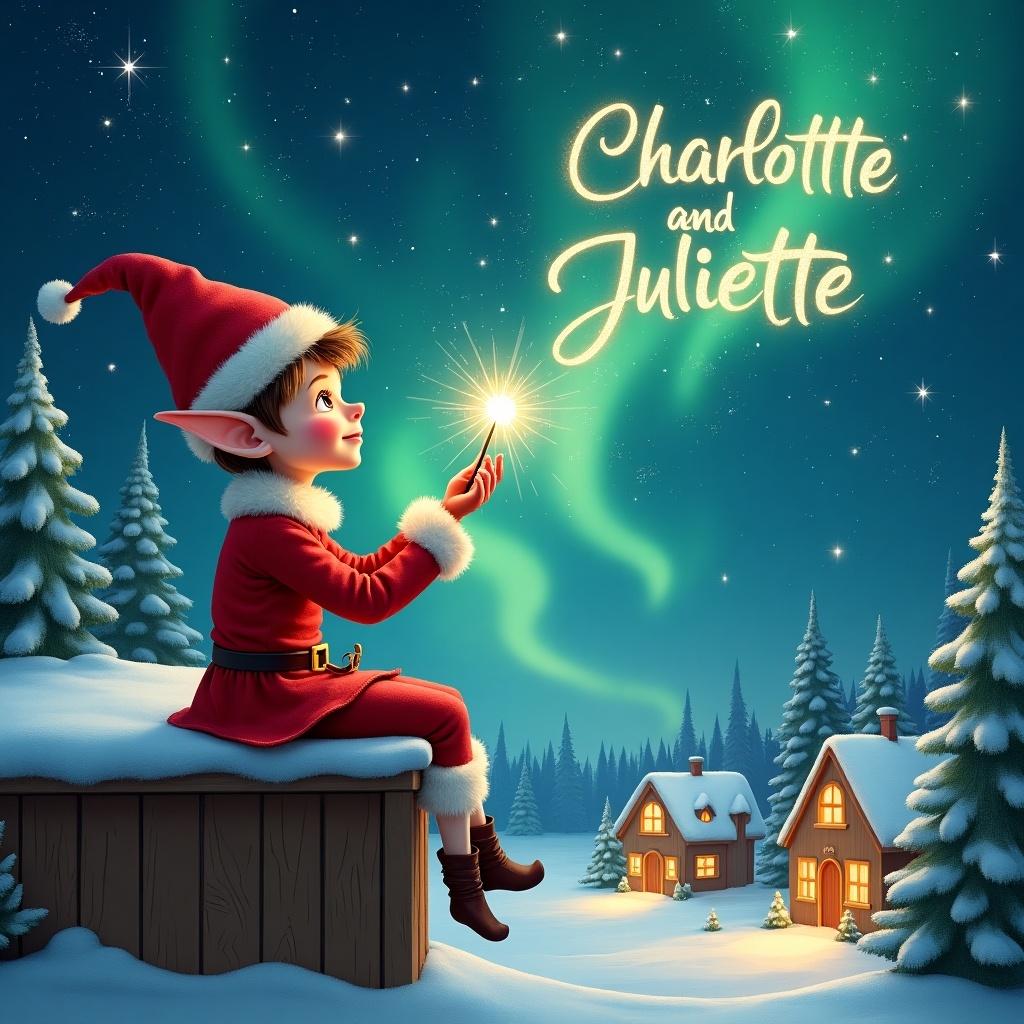 An elf sits on a wooden ledge. Elf gazes at a magical sky with shimmering Northern Lights. Elf dressed in vibrant red outfit and pointed hat. Elf holds a sparkling wand and writes 'Charlotte' and 'Juliette' in the starry sky. Charming snowy landscape with cozy houses and evergreen trees. Imagery evokes childhood wonder and Christmas spirit.