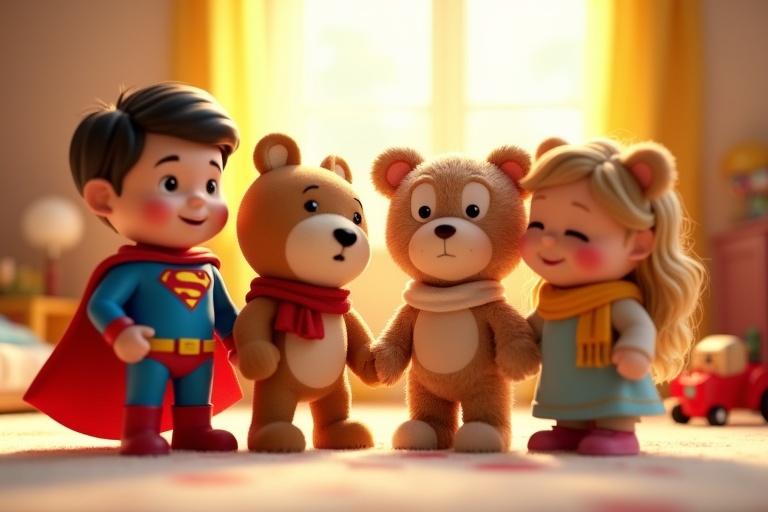 Vibrant 3D animated scene toys superhero teddy bear horse car close-up circle brightly lit bedroom human clothes expressive faces joy camaraderie warm daylight colors golden yellow soft red bright blue soft-focus bedroom toys scattered friendship emphasis