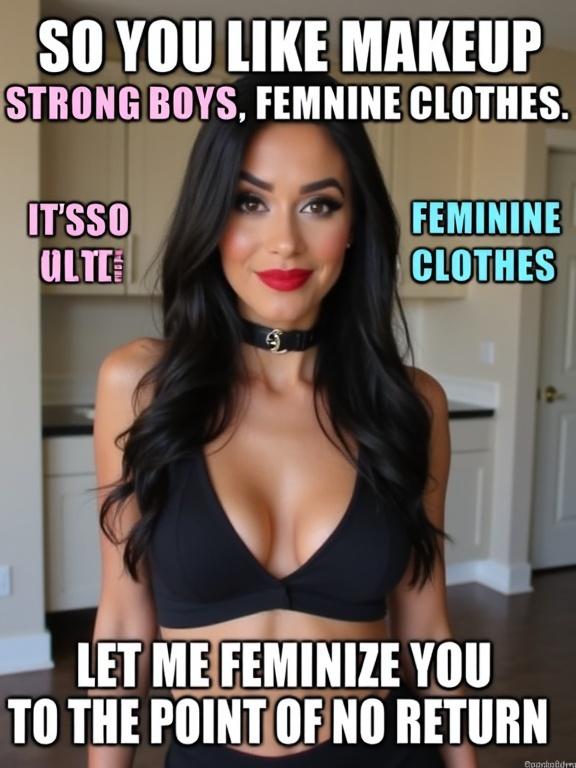 A social media meme with a feminine crossdresser in a black crop top and mini skirt. Subject smiles seductively at the camera. Dramatic makeup includes winged eyeliner bold lipstick and styled brows. Neutral interior background with wall cabinetry. Bold text overlays include phrases about makeup and femininity.