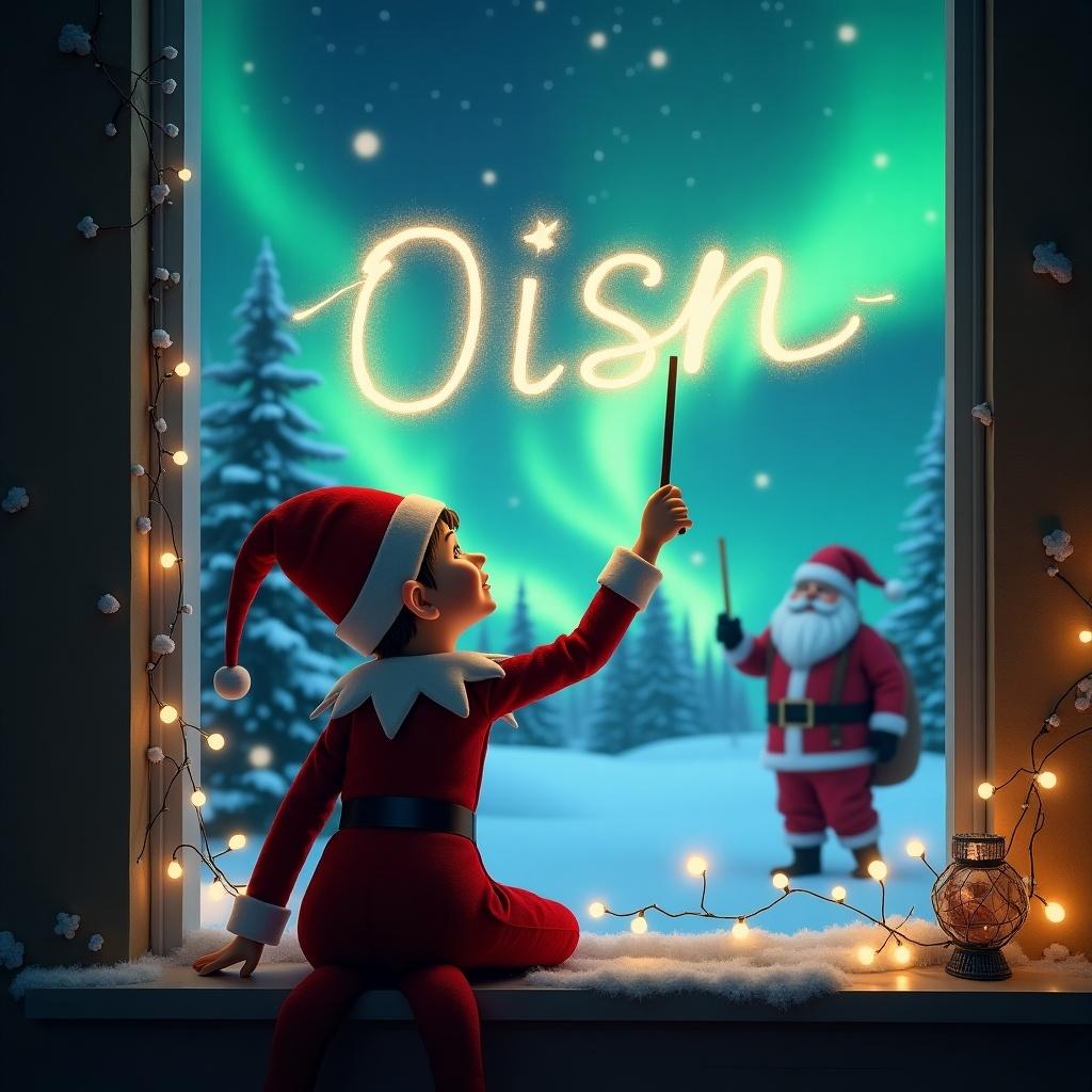 In a cozy room, an elf on the shelf sits with his back to the viewer, looking out at the magical sky. He holds a wand and is drawing the name 'Oisín' in shimmering letters amidst the northern lights. Outside the window, Santa Claus can be seen in a snowy landscape, adding to the festive atmosphere. The scene is adorned with soft, glowing lights around the window. This captivating moment captures the spirit of Christmas and the joy of childhood wonder.