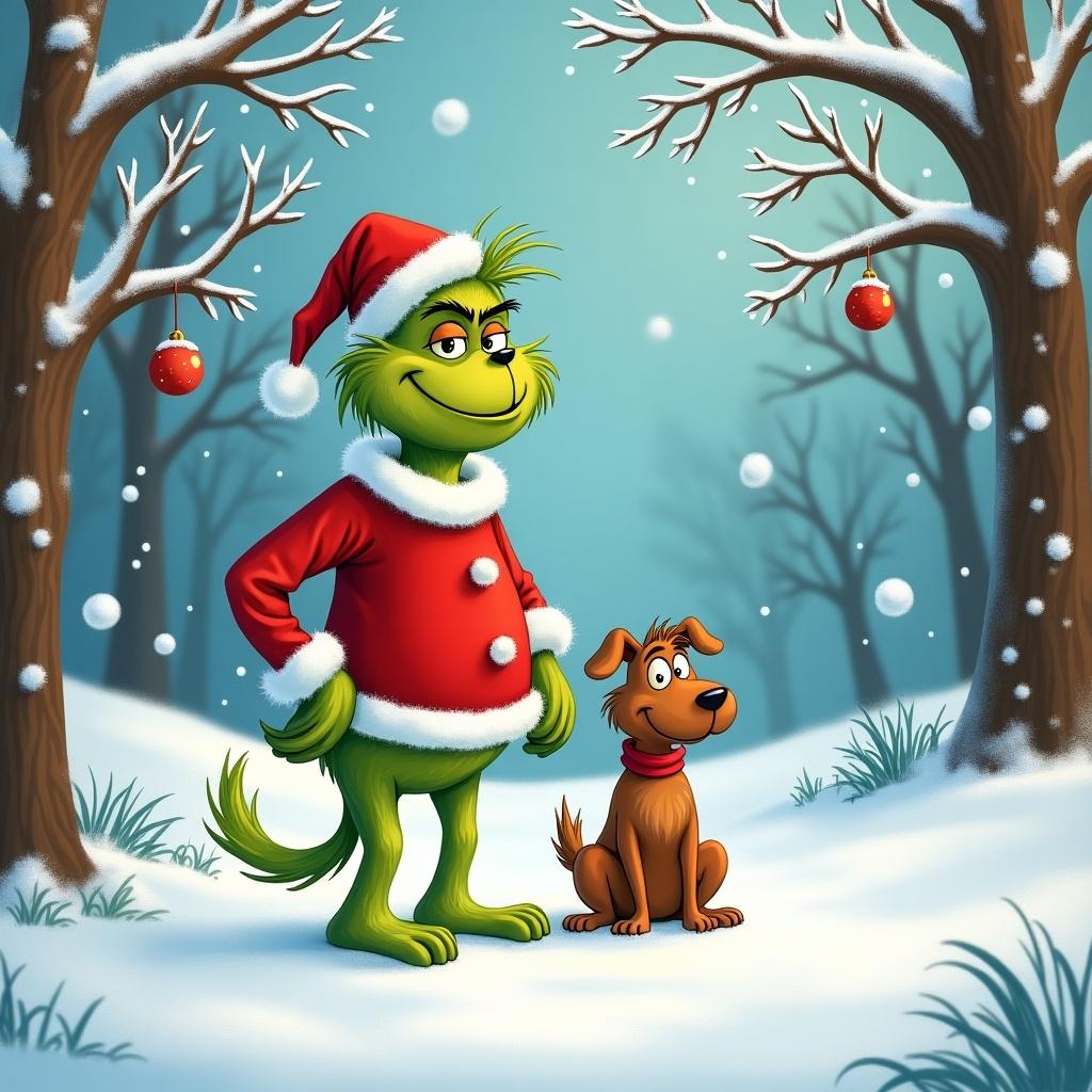 Whimsical winter scene featuring Grinch in red Santa attire with his dog Max. Snow-covered ground with falling snowflakes. Trees adorned with Christmas ornaments. Cheerful atmosphere depicting holiday spirit. Write 'Merry Christmas the Dellaterza family' in the snow.