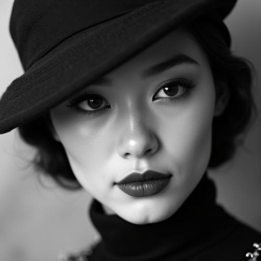 Closeup shot of a classic Shanghai woman in retro style. Black and white photography.