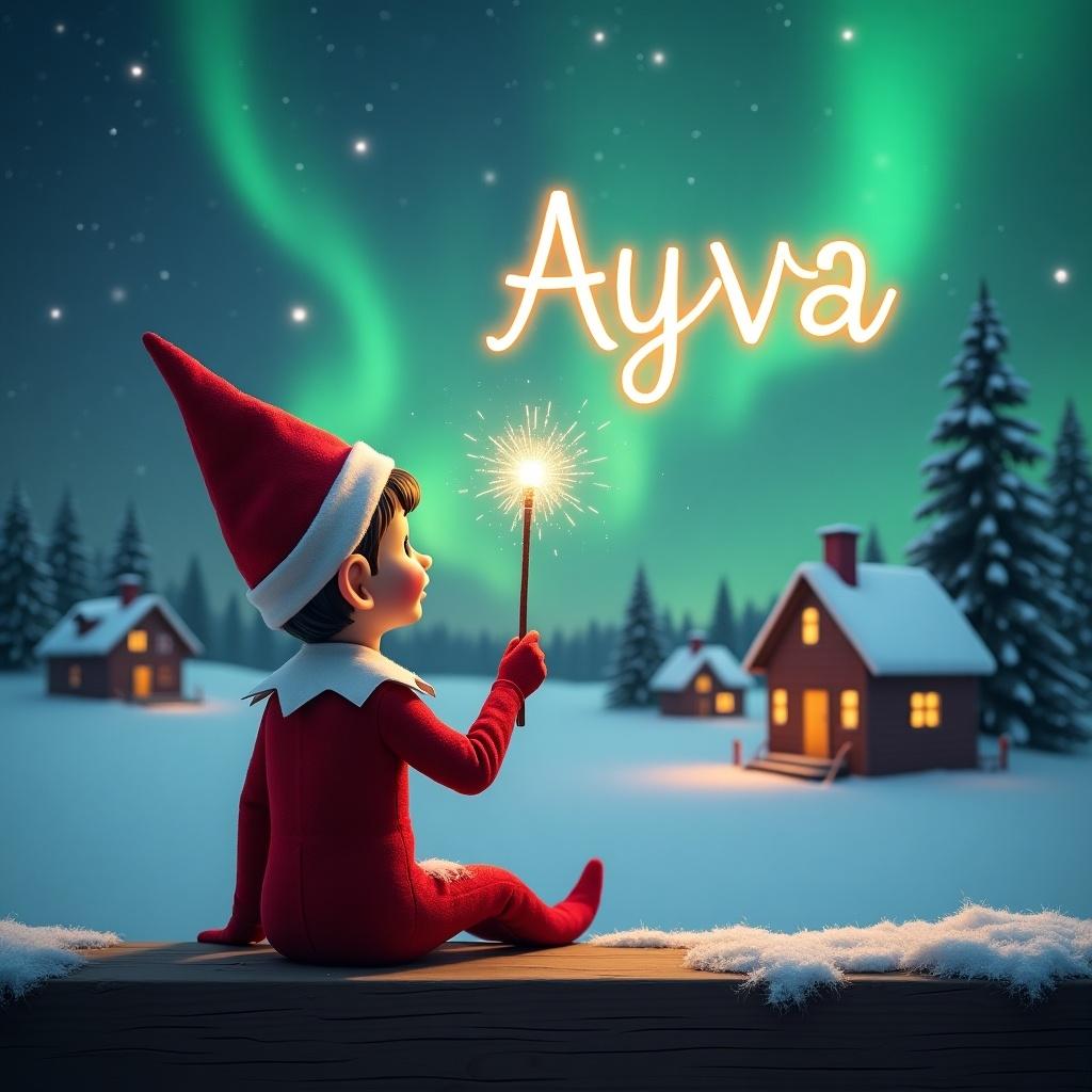 An elf in a red outfit with a pointed hat sits on a wooden ledge. The elf gazes at a magical sky filled with Northern Lights. A wand sparkles in the elf's hand as it writes 'Ayva' in the air. Background features snowy landscape with charming houses and evergreen trees.