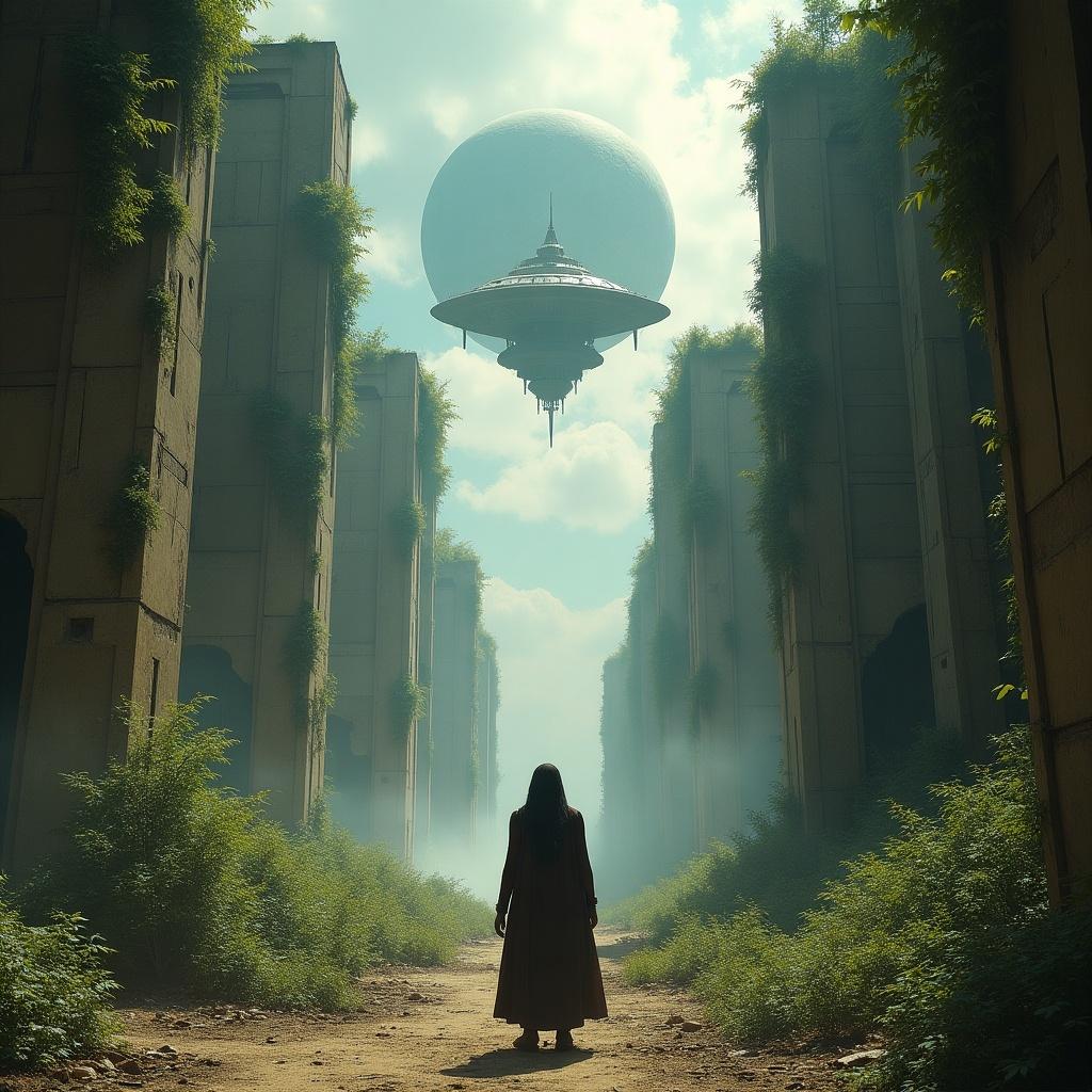 Futuristic scenario showing a ruined cityscape overgrown with vegetation. A silhouette stands in the foreground viewing a hovering spaceship. The setting evokes exploration after a long absence from Earth.