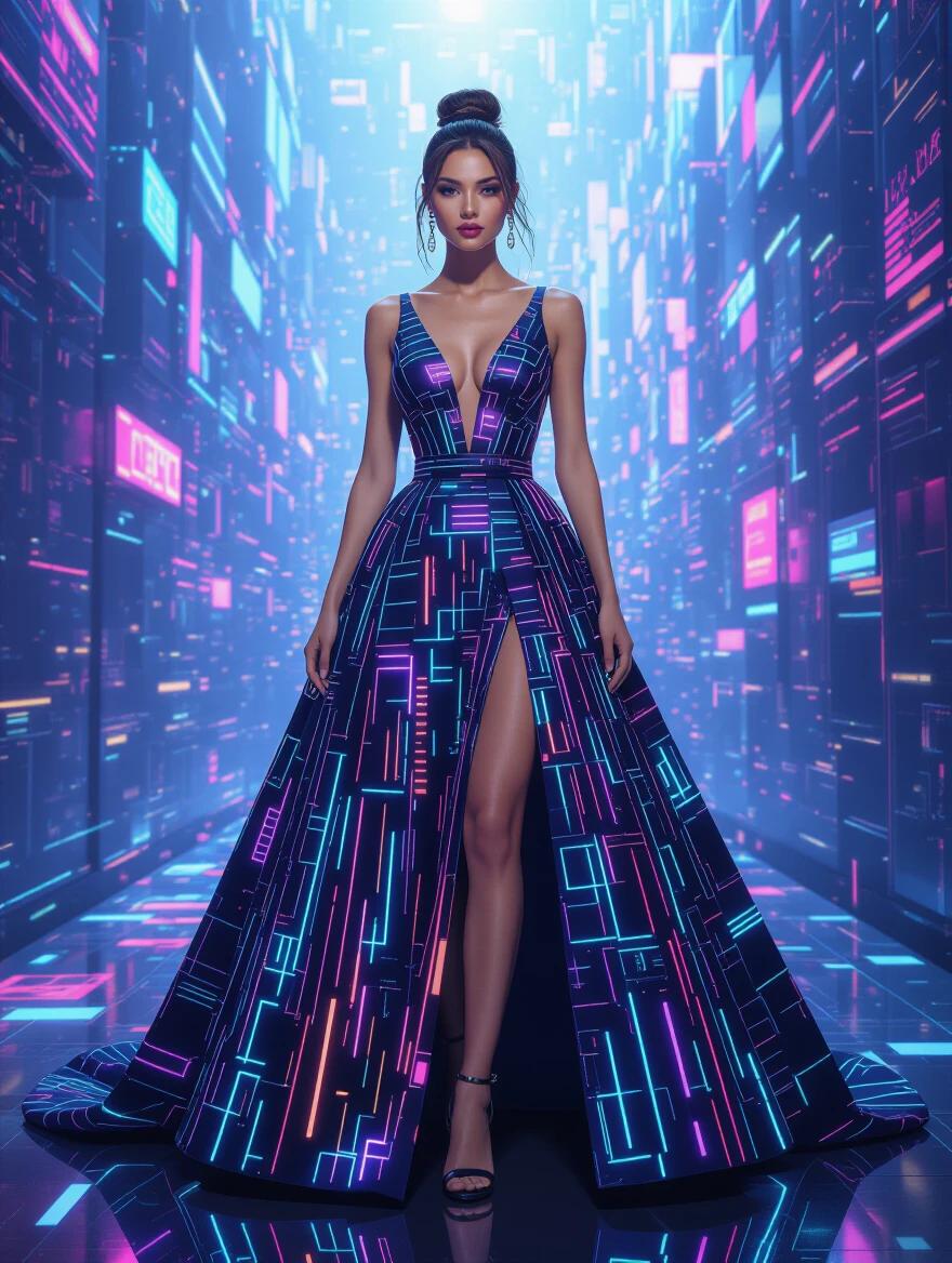 A designer gown featured in a futuristic setting. The gown is made of electronic neon glitch patterns. The background is filled with vibrant lights and digital elements. The scene is well lit, highlighting the dress's details. Photorealistic quality with hyperrealism effects. The image captures a modern and artistic vibe.