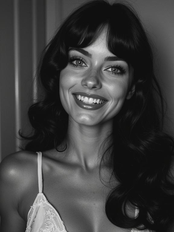 Black and white portrait of a smiling beautiful woman. Long hair and a voluptuous figure. Expressive blue eyes and striking pink lips. Soft textures. Classic film noir aesthetics. Vintage photography style.