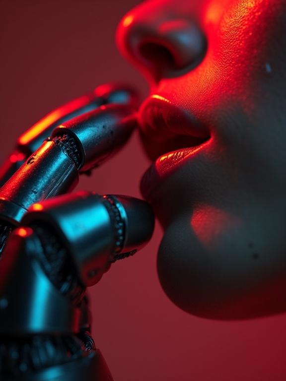Macro view of lips brushing against a robotic hand. Metal surface shows wear. Red ambient lighting with blue highlights. Glossy textures highlighted. Focus on curves and touch. Intimate framing and shallow depth of field. Sci-fi mood emphasized with realistic skin details and symbolism of futuristic love.