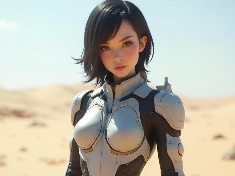 Realistic female sci-fi soldier in beige desert wearing light grey military camouflage gear. Dark hair and detailed texture on the uniform. Shadow and sunlight visible.