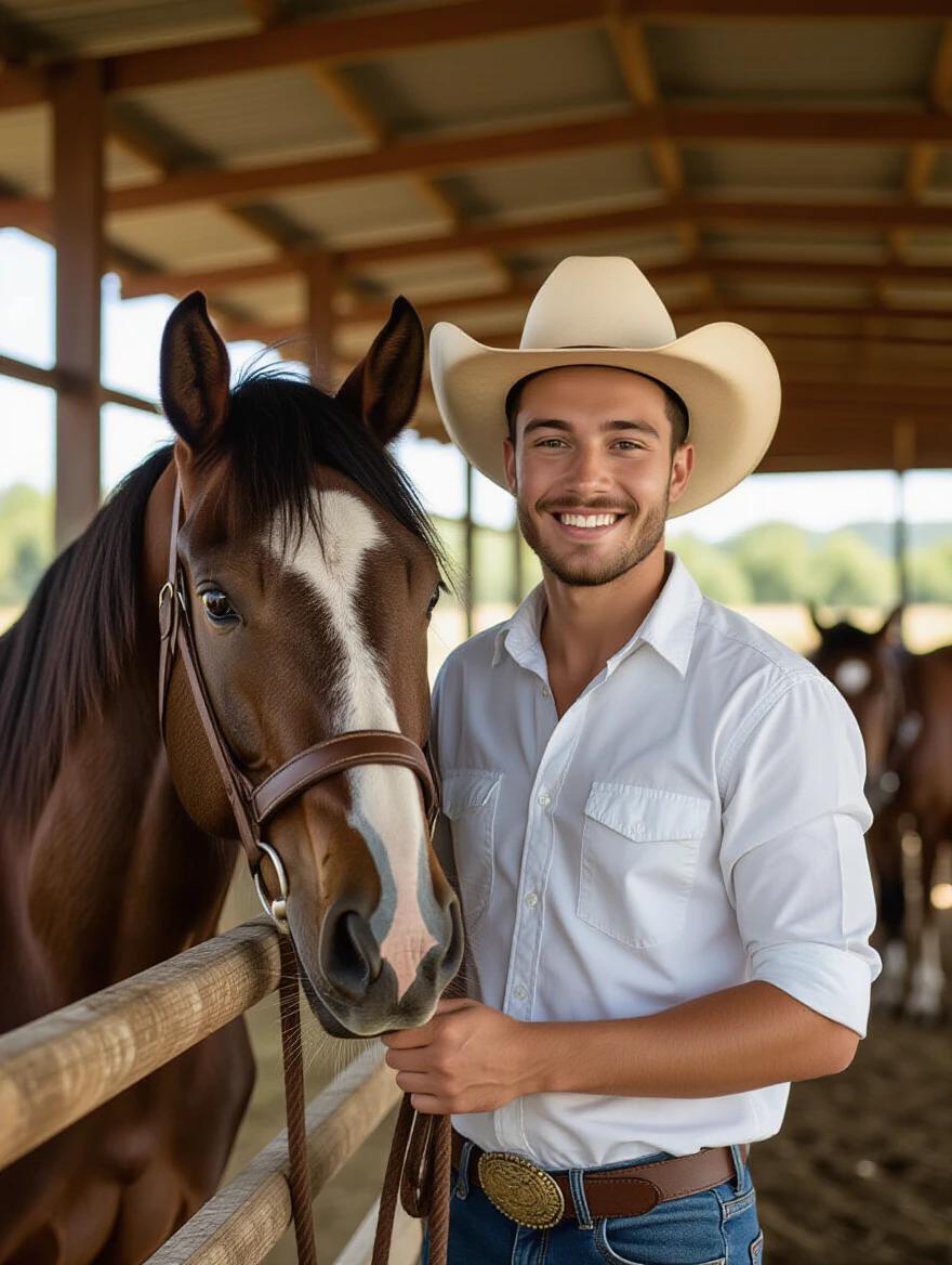 A handsome young man standing next to a horse in a barn. The man wears a white shirt and a cowboy hat. The horse is brown with a white mark on its face. The setting is warm and inviting with natural light.