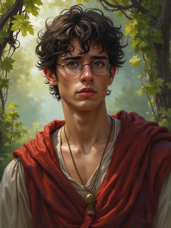A young man appears in a semirealistic style. The man is in his early 20s with round glasses and wearing robes. He looks worried and pensive. The setting is outdoors with vines and greenery suggesting a fantasy theme. Background fades into soft watercolor effects.