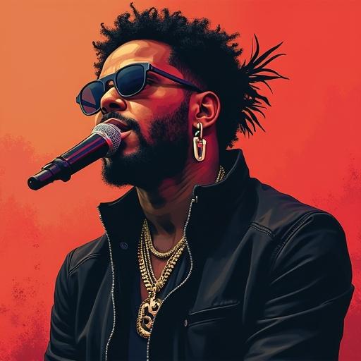 Artwork depicting a rapper performing on stage with a microphone. Bold colors and a strong artistic style enhance the rapper's presence and energy.