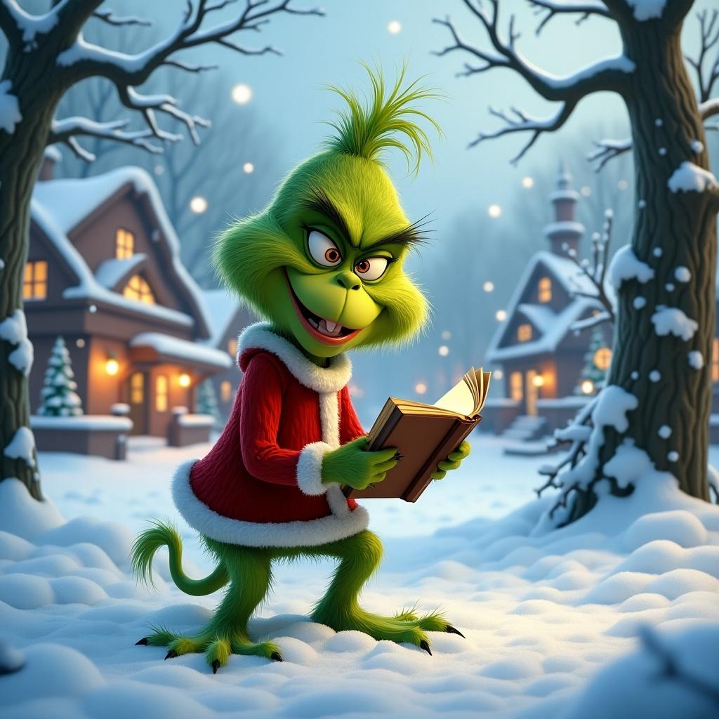 Grinch reading a book in a snowy village. The setting features snow-covered trees and cozy houses with lights. Character displays mischievous expression.