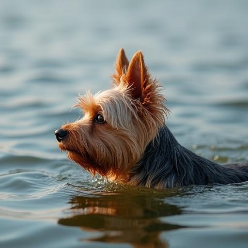 A hyper-realistic photo of an older Yorkie swimming in calm water. The dog's profile showcases its fur and expression.