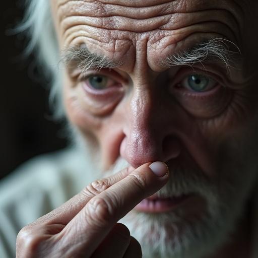 Close-up of an elderly man's face. Man appears focused on his finger. Skin texture appears glassy. Finger positioned between eyes.