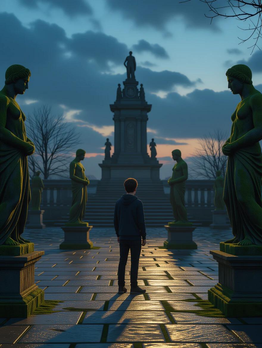 A young man stands confused among moss-covered statues. An ancient European plaza appears at dusk. Shadows and highlights create a moody atmosphere. Detail and realism capture the scene.
