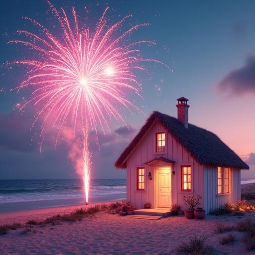 Colorful fireworks displayed over a cute white beach house with pink accents