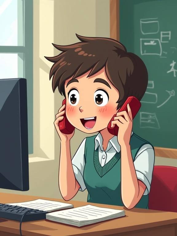 Cartoon-style image shows a student enthusiastically calling a teacher. Student has short brown hair and wears a green sweater over a white shirt. Sitting at a desk with a computer and notebooks in a bright classroom setting.