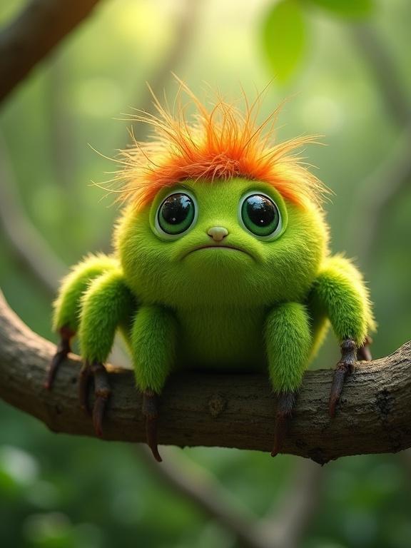Whimsical animated creature with a spider-like appearance on a tree branch. Round fuzzy body in vibrant green fur. Large glossy green eyes with a curious expression. Small puckered mouth and orange whiskers. Wild reddish-orange hair on head. Eight slender legs with dark claw tips. Blurred lush forest background with warm lighting.
