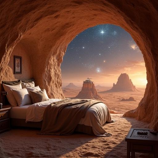 Cosy bedroom scene located on the planet Alderaan. Features a cave-like structure. View of the stars and distant landscape outside. Soft bed with blankets. Warm interior tones.
