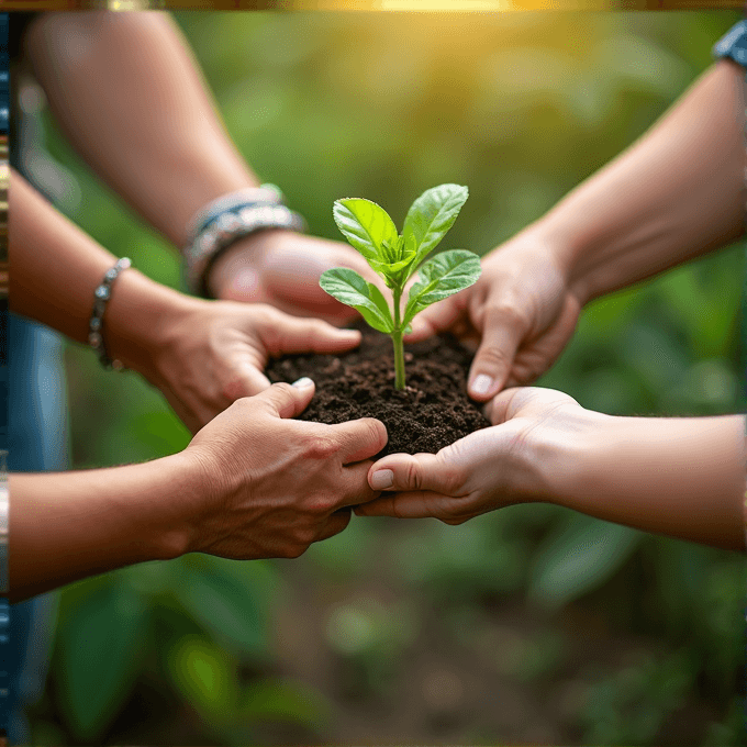 Several hands are holding a small, young plant together, symbolizing unity and nurturing.