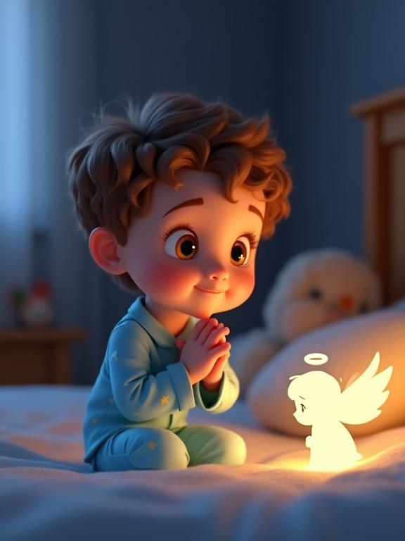A 5-year-old boy in sky-blue pajamas kneels in prayer with clasped hands. He has curly light brown hair, bright honey-colored eyes, and a tender face. A soft golden light surrounds him. Beside him, a glowing silhouette of a guardian angel with wings appears. The scene has a childlike room with stuffed animals and nightlight, soft pastel colors dominate the illustration style.