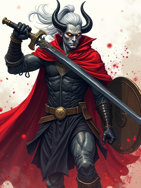 Colored sketch of a tall male tiefling in action. He wields a black longsword and has ash-gray skin. His amber eyes glow and long silver hair flows from a high ponytail. He wears chainmail and a red cloak, with a shield on his back. Blood splashes around him. The image features non-shiny, dynamic action, bold cel-shaded colors, and thick outlines.