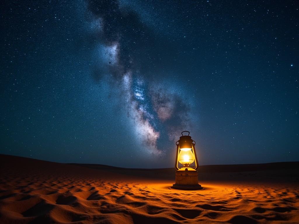 A bright lantern illuminating a desert landscape under a starry sky with the Milky Way visible.