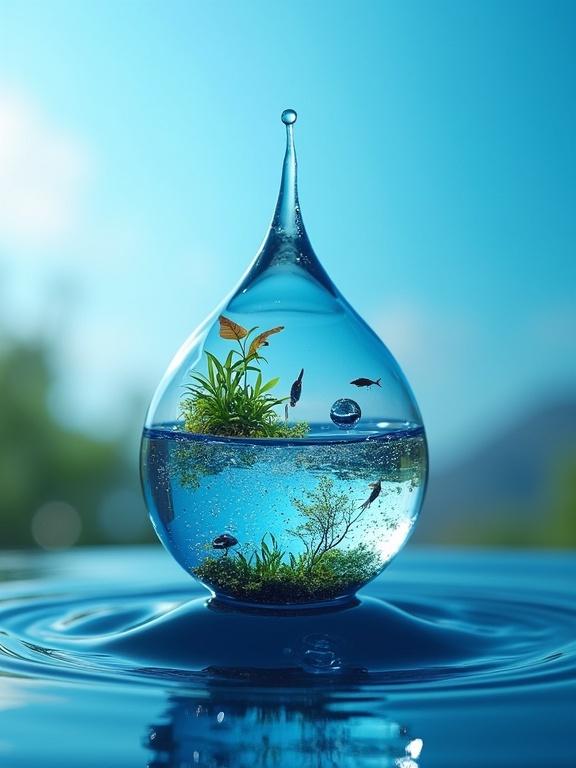 An intricate scene with a single blue orb drop containing a miniature ecosystem. Tiny plants and indigo fish are inside. The orb floats in the air against a blurred blue sky backdrop. Highlight the importance of water in sustaining life.
