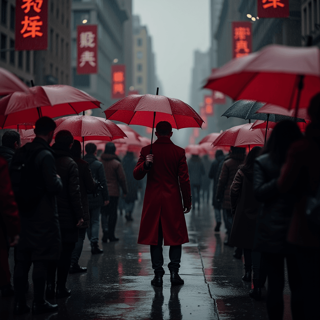 A crowd under red umbrellas walks through a rainy city street featuring glowing red signs, creating a dramatic and unified scene.