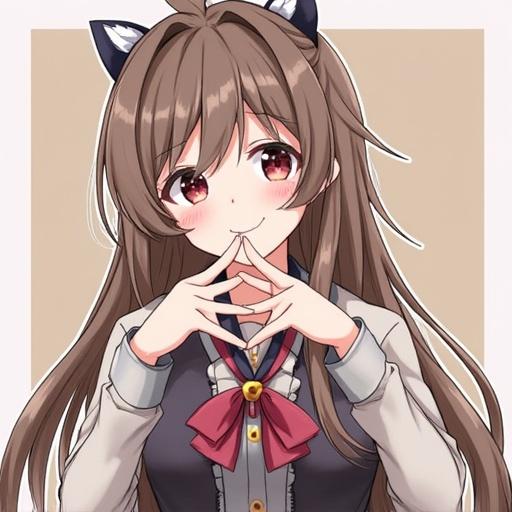 Anime girl with long hair wearing a school uniform. The character has cat ear accessories. Hands are positioned elegantly. Standing posture showing outfit details. Background is simple and clean.