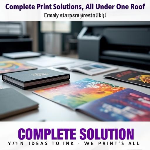 A clean and organized flat-lay display shows a variety of high-quality printed products. Hardbound diary with embossed logo lies beside colorful magazine and neatly stacked brochure. Leaflets and pamphlets are fanned out in vibrant colors. Catalogues and books show polished covers with fine print details. Premium PVC and polycarbonate stickers catch light with glossy finish alongside matte paper and vinyl stickers. In background, a large offset press and a digital printer are softly blurred. Top text reads 'Complete Print Solutions, All Under One Roof'. Bottom features tagline 'From Ideas to Ink – We Print It All' in bold purple.