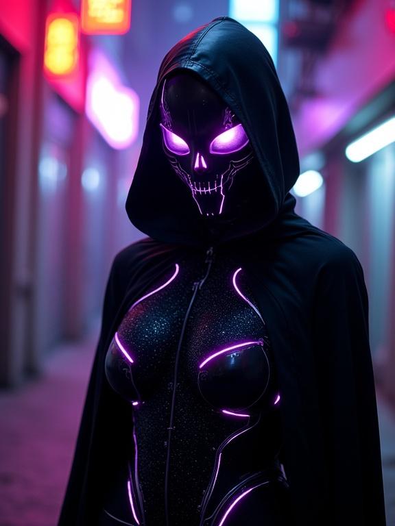 A spectral figure appears in a neon-lit alley. The character has a nanotechnology body suit with glowing purple circuits. The figure has a skull-like mask and a hooded cape, suggesting anonymity. The setting is atmospheric, emphasizing shadows and neon lights.
