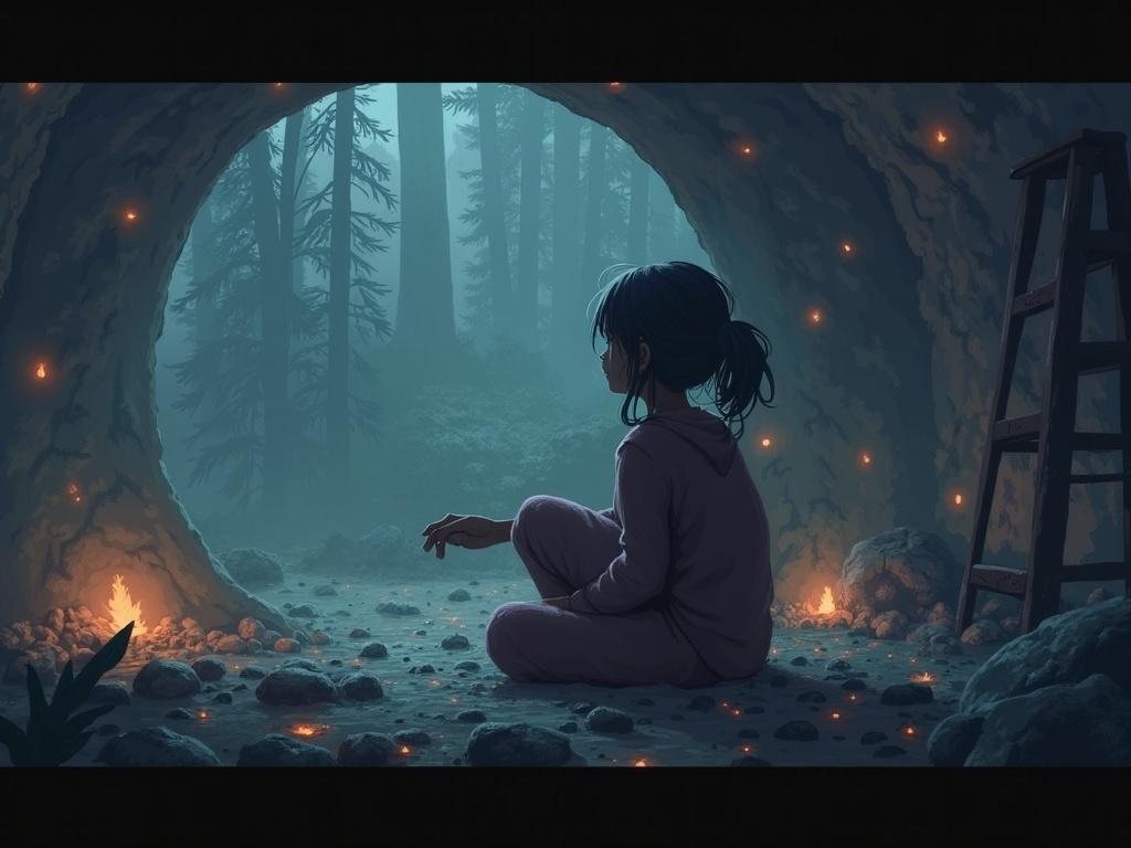 A girl sits inside a cave surrounded by glowing stone lights. The atmosphere is mystical with a soft blue and green color palette. Trees are visible in the background, creating a magical forest setting. The girl appears thoughtful and relaxed.