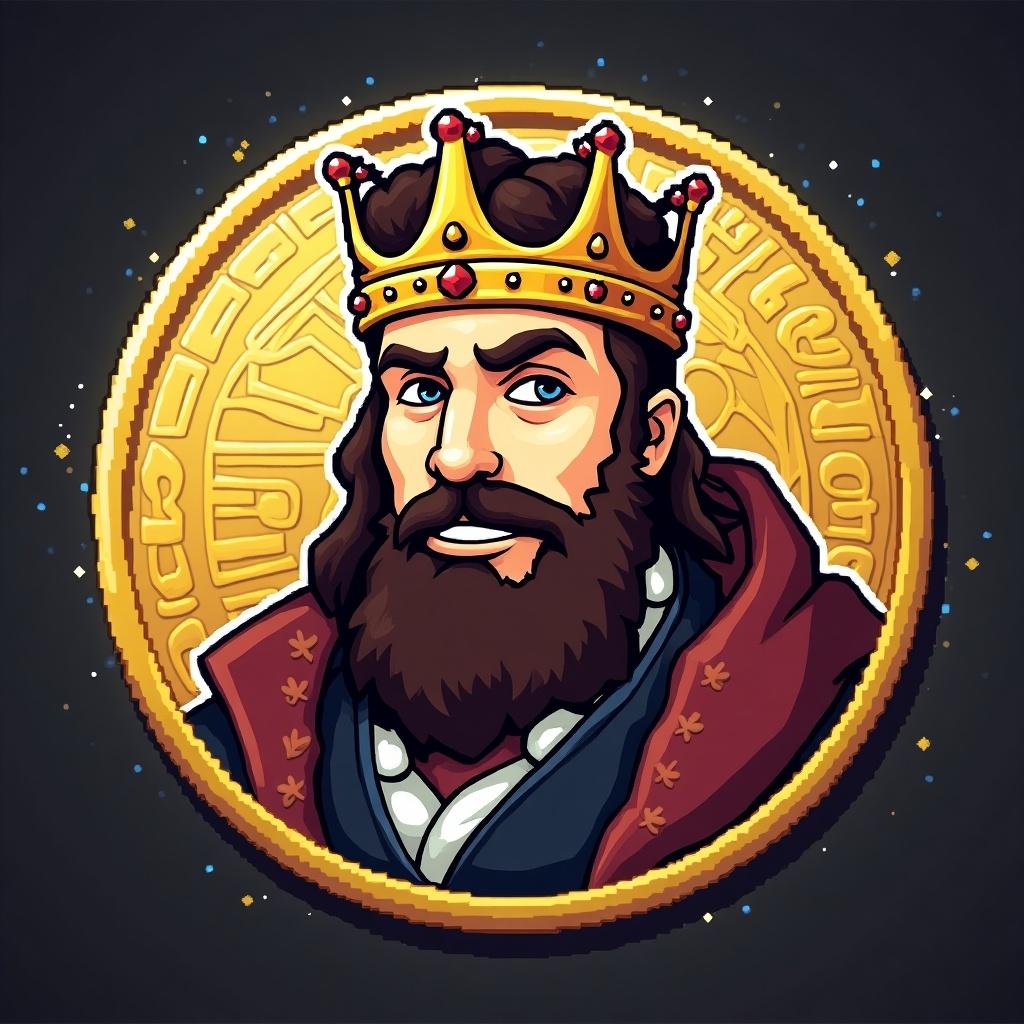 Pixelated image for a meme coin features a character inspired by a wealthy historical figure. Character has a beard and wears a crown. Design resembles retro video game graphics. Background includes a gold coin element.