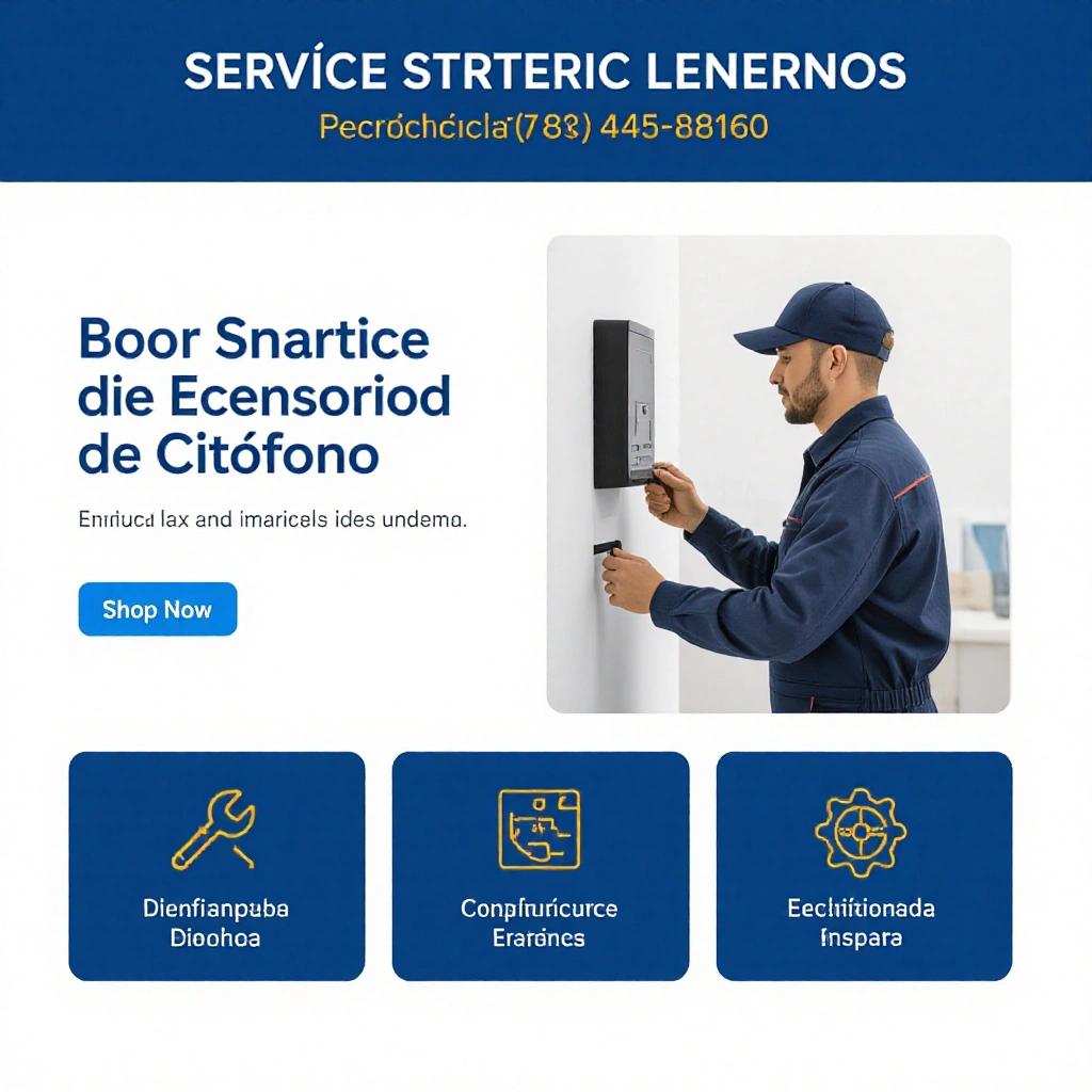 Professional advertising design for Facebook Ads showcasing intercom services. Modern and clean style with white background, dark blue and vibrant yellow accents. Central image of technician with tools in a residential setting. Three horizontally aligned icons representing repairs, installations, and maintenance. Small images of recognized intercom brands. Main heading: 'Citófonos Medellín'. Subtitle: 'Reparaciones · Instalaciones · Mantenimiento'. Clear call to action: '¡Cotiza Ahora!'. Contact number with WhatsApp icon: '3002102522'. Square format for social media.