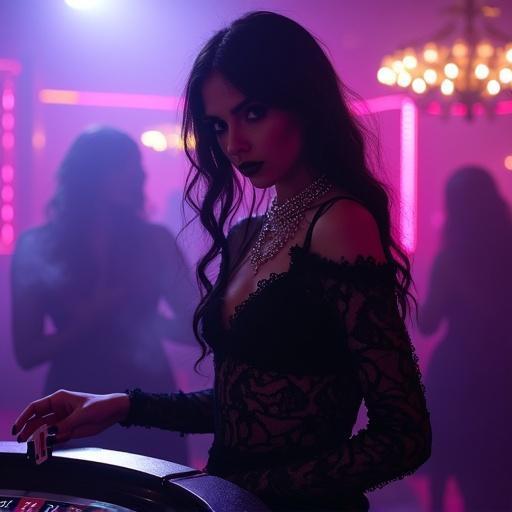 A gothic and spiritual girl stands in a dark neon-lit casino. Eerie violet glow surrounds the scene. Mysterious eyes gleam with knowledge. She flips cards or watches the roulette. Intricate black lace dress and silver jewelry shimmer. Cigar smoke lingers in the air. Shadowy figures partially hidden in the background. Cinematic feel with deep shadows and dramatic contrasts. Underground electronic music pulses nearby.