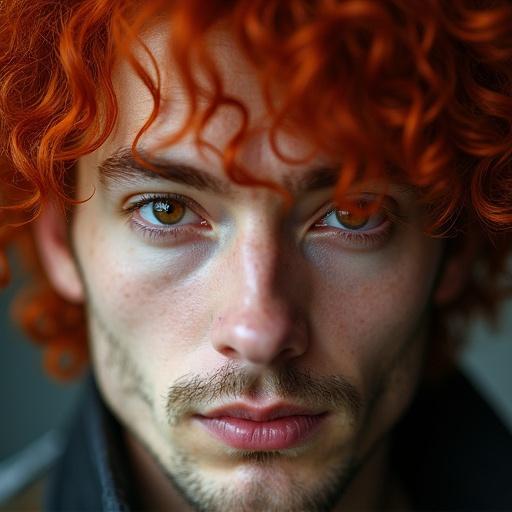 Closeup shot featuring a rocker with red curly hair and stubble. Highlighting expressive features and unique style.