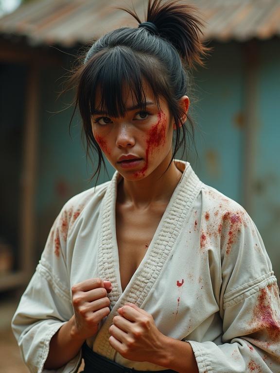 Realistic athletic woman with asymmetrical hairstyle wearing a worn-out karate gi, bloody smudges on body and untidy hair. Heavy bruises on her face. Exhausted but focused to win the fight. Bloody fists holding up. Set in a backyard.