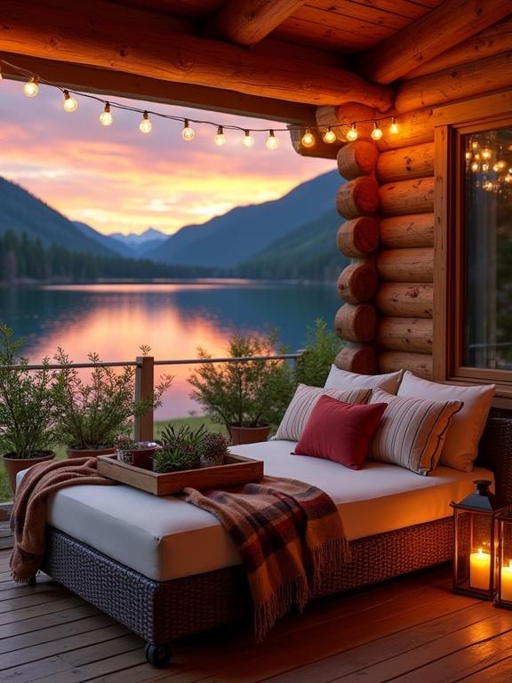 A rustic lakeside cabin porch during sunset. Wooden deck overlooks a calm lake with forested mountains. Warm string lights enhance cozy ambiance. Outdoor daybed with thick cushions and pillows. A plaid blanket drapes over the bed. A wooden tray with potted plants adds personality. Rustic lanterns provide soft light. Mirror-like water reflects colorful sky.