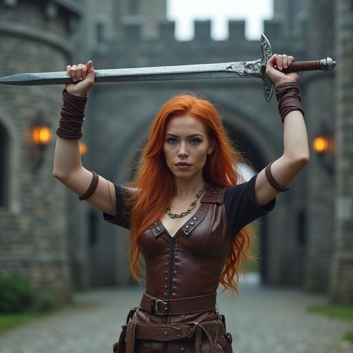 24 years old red haired woman with pointed ears and dark green eyes stands in front of a gray stone medieval castle. Athletic model-like body. Wears leather barbarian armor and high-heeled sandals. Holds a long steel two-handed sword. Facial expression shows pride. Cobblestone courtyard and torch-lit archway visible behind her. Full-body portrait with dramatic lighting.
