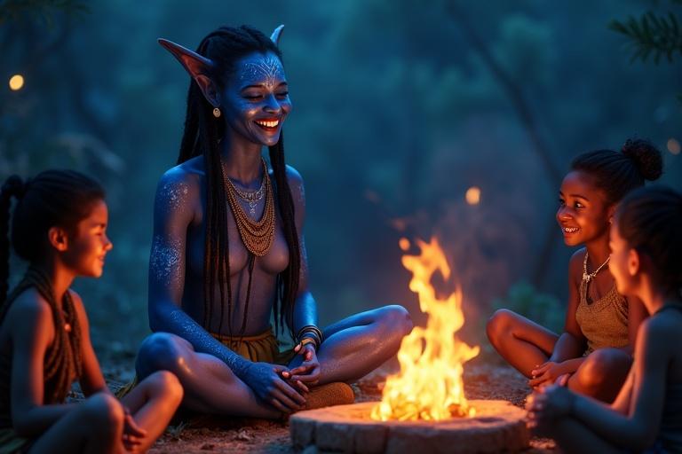 Kaari sits among children near a fire. She tells stories of ocean forests and jellyfish. Children listen with wide eyes. Kaari has blue skin and long braids. Her athletic body is adorned in tribal clothing. Firelight flickers on her face. She laughs in the warm night.