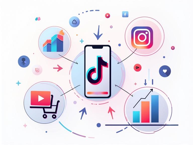 Modern digital marketing concept illustration. Central TikTok icon surrounded by Instagram YouTube and website. Arrows symbolizing integration and traffic flow. Visual elements like charts and shopping bags. Tech-savvy clean and colorful style representing strategy and growth.
