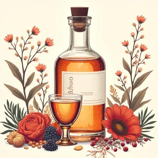 A beautiful modern minimalist artwork. A copper still shines in the background of a herb garden. An apothecary-style bottle of 'ALFRUNO' sits in front. The bottle glows golden-reddish and has a cork lid. A simple hang tag displays the name 'ALFRUNO'. Two identical glasses filled with liqueur stand beside the bottle. Surrounding elements include blooming plants and wild motifs like berries and flowers. The background is white-beige and enhances the vibrant imagery.