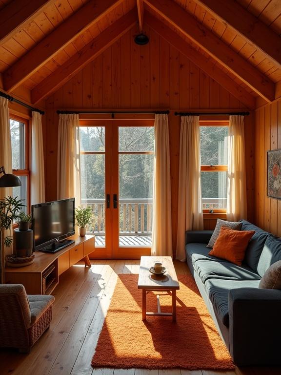 Installations of living room in a cozy cabin. Beautiful wooden walls and ceiling. Large windows with natural light. Modern sofa with orange accents. Coffee table placed on an orange rug. Green plants adding life to the space.